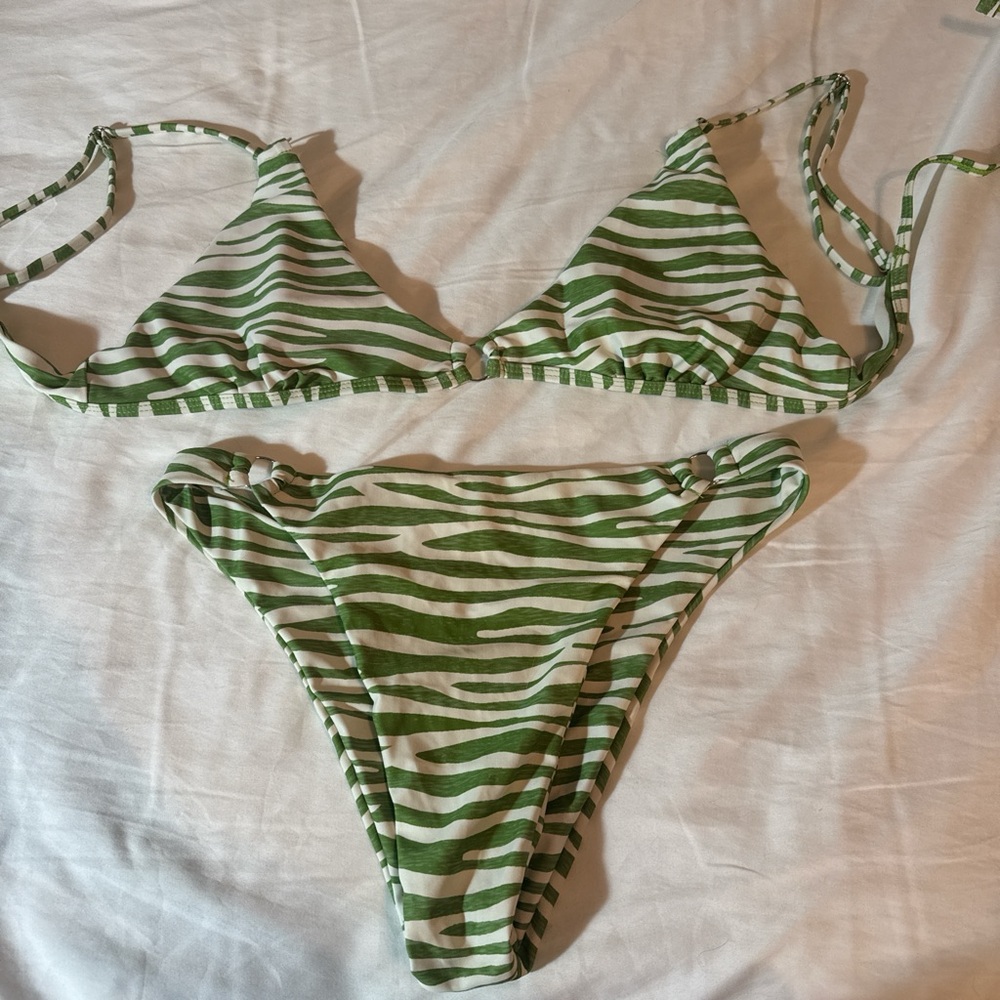 Green and White Striped Bikini Set